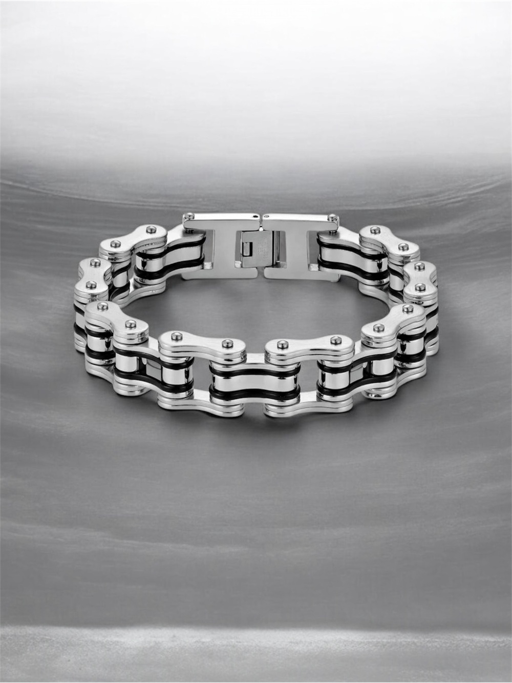 Men’s Motorcycle Link Bracelet Silver/Black NWT